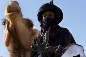 Cavaliere Tuareg Kel Air indossa il turbante color indaco "Tagelmust" (il Popolo Tuareg viene anche denominato Kel Tagelmust, il Popolo del velo), Festival dell'Air, Oasi di Iferouane, Deserto del Ténéré, Niger 2020